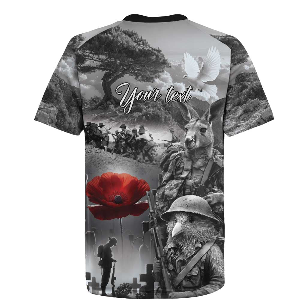 Black ANZAC Day The Battle of Lone Pine Rugby Jersey Kiwi-Kangaroo Soldier Lest We Forget