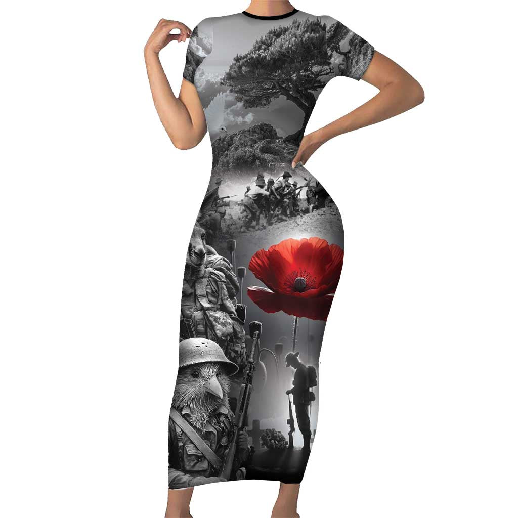 Black ANZAC Day The Battle of Lone Pine Short Sleeve Bodycon Dress Kiwi-Kangaroo Soldier Lest We Forget