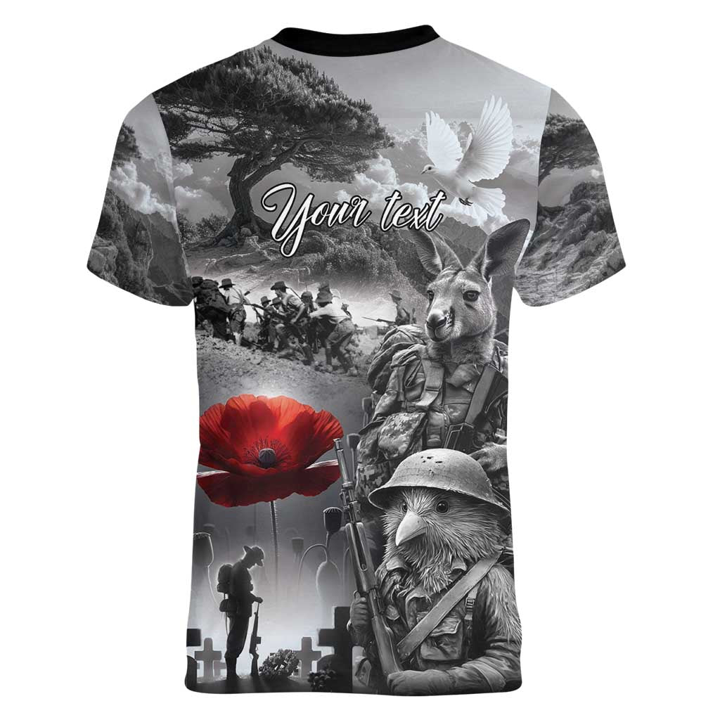 Black ANZAC Day The Battle of Lone Pine Women V-Neck T-Shirt Kiwi-Kangaroo Soldier Lest We Forget