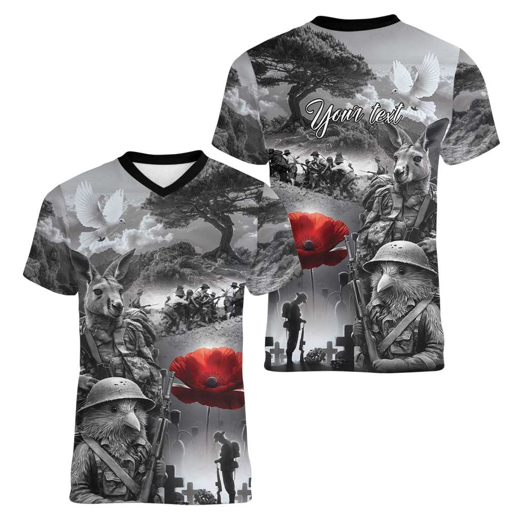 Black ANZAC Day The Battle of Lone Pine Women V-Neck T-Shirt Kiwi-Kangaroo Soldier Lest We Forget
