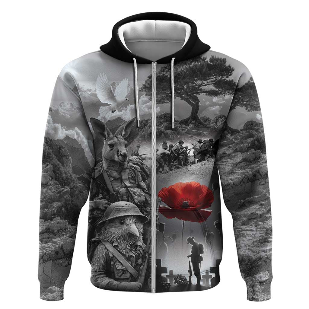 Black ANZAC Day The Battle of Lone Pine Zip Hoodie Kiwi-Kangaroo Soldier Lest We Forget