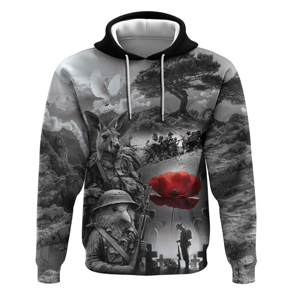 Black ANZAC Day The Battle of Lone Pine Zip Hoodie Kiwi-Kangaroo Soldier Lest We Forget LT9 Pullover Hoodie Black - Polynesian Pride