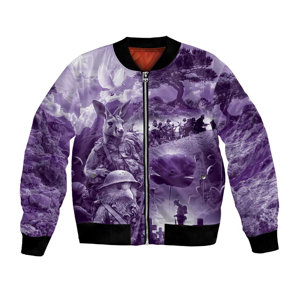 Purple ANZAC Day The Battle of Lone Pine Bomber Jacket Kiwi-Kangaroo Soldier Lest We Forget