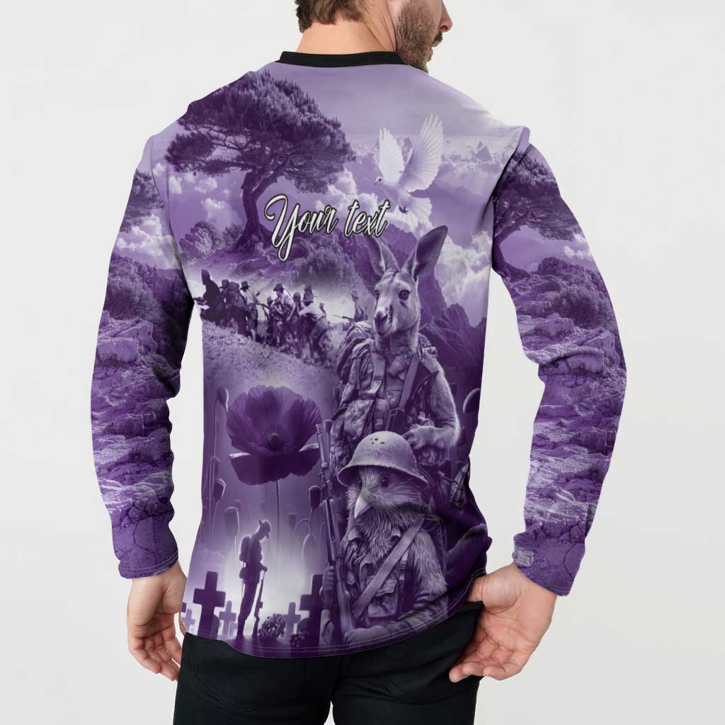 Purple ANZAC Day The Battle of Lone Pine Button Sweatshirt Kiwi-Kangaroo Soldier Lest We Forget