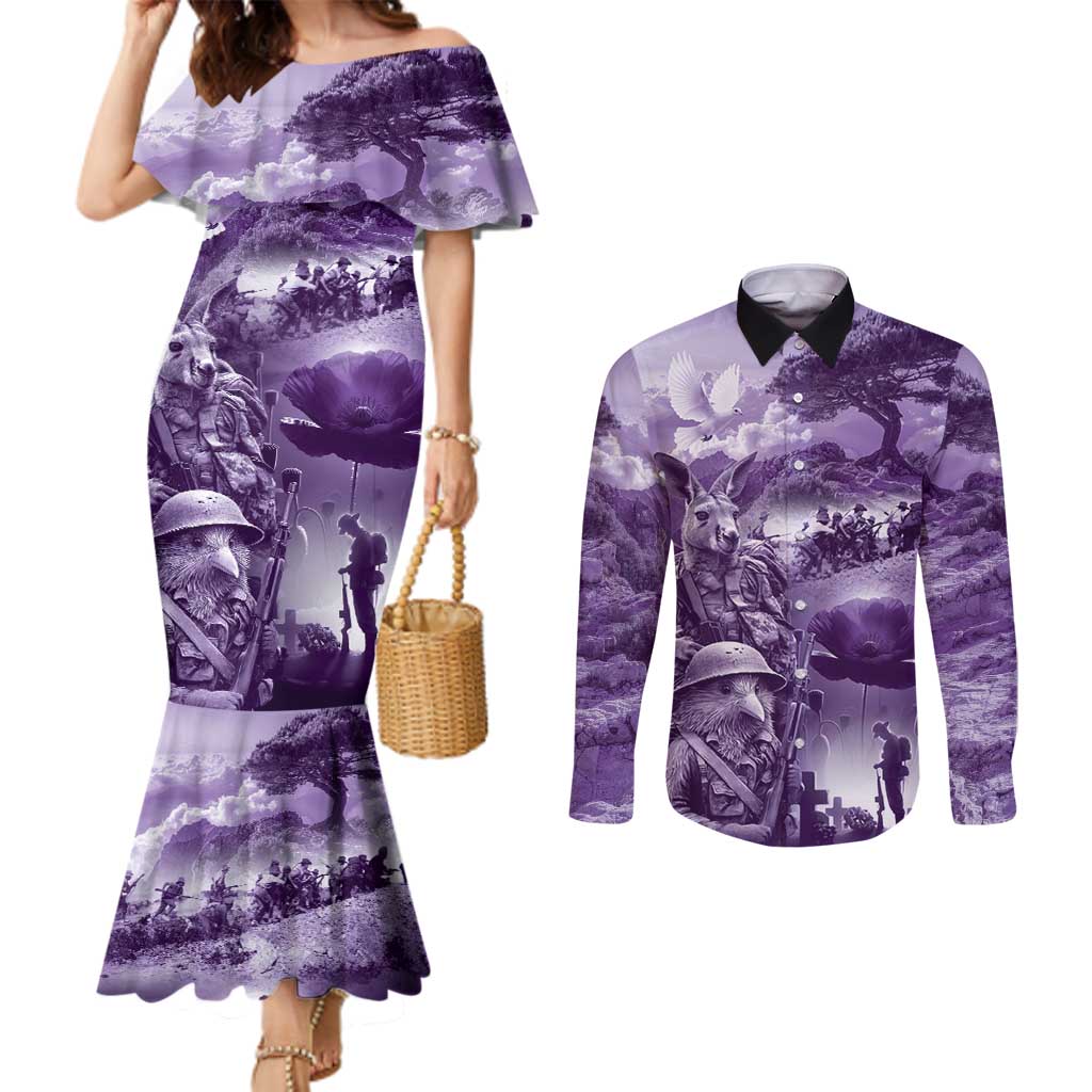 Purple ANZAC Day The Battle of Lone Pine Couples Matching Mermaid Dress and Long Sleeve Button Shirt Kiwi-Kangaroo Soldier Lest We Forget