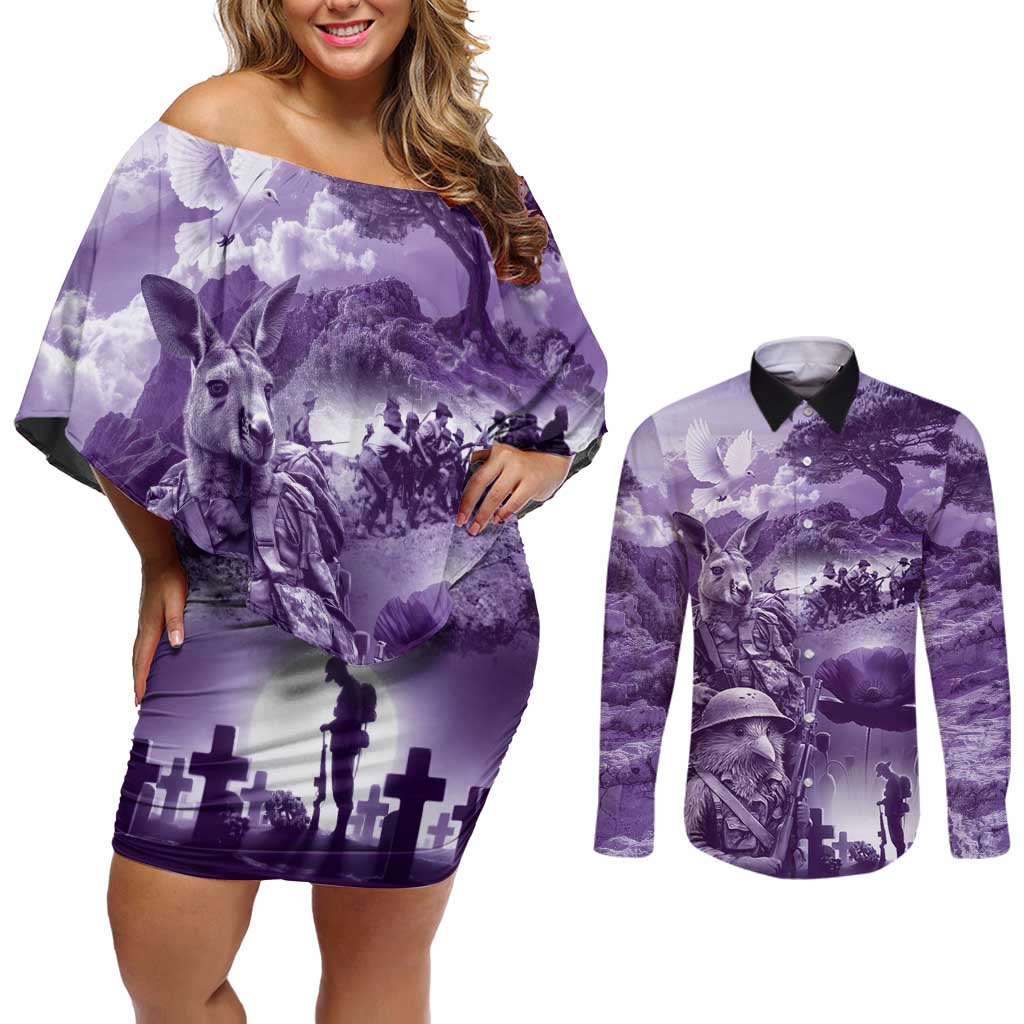 Purple ANZAC Day The Battle of Lone Pine Couples Matching Off Shoulder Short Dress and Long Sleeve Button Shirt Kiwi-Kangaroo Soldier Lest We Forget