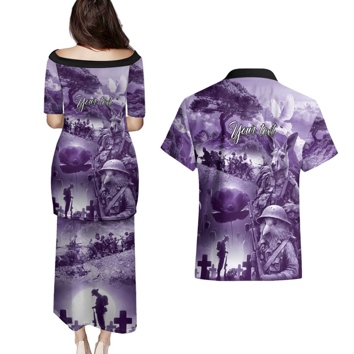 Purple ANZAC Day The Battle of Lone Pine Couples Matching Puletasi and Hawaiian Shirt Kiwi-Kangaroo Soldier Lest We Forget