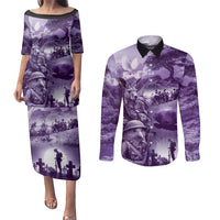 Purple ANZAC Day The Battle of Lone Pine Couples Matching Puletasi and Long Sleeve Button Shirt Kiwi-Kangaroo Soldier Lest We Forget