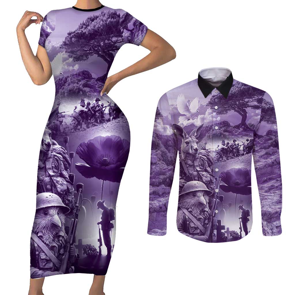 Purple ANZAC Day The Battle of Lone Pine Couples Matching Short Sleeve Bodycon Dress and Long Sleeve Button Shirt Kiwi-Kangaroo Soldier Lest We Forget