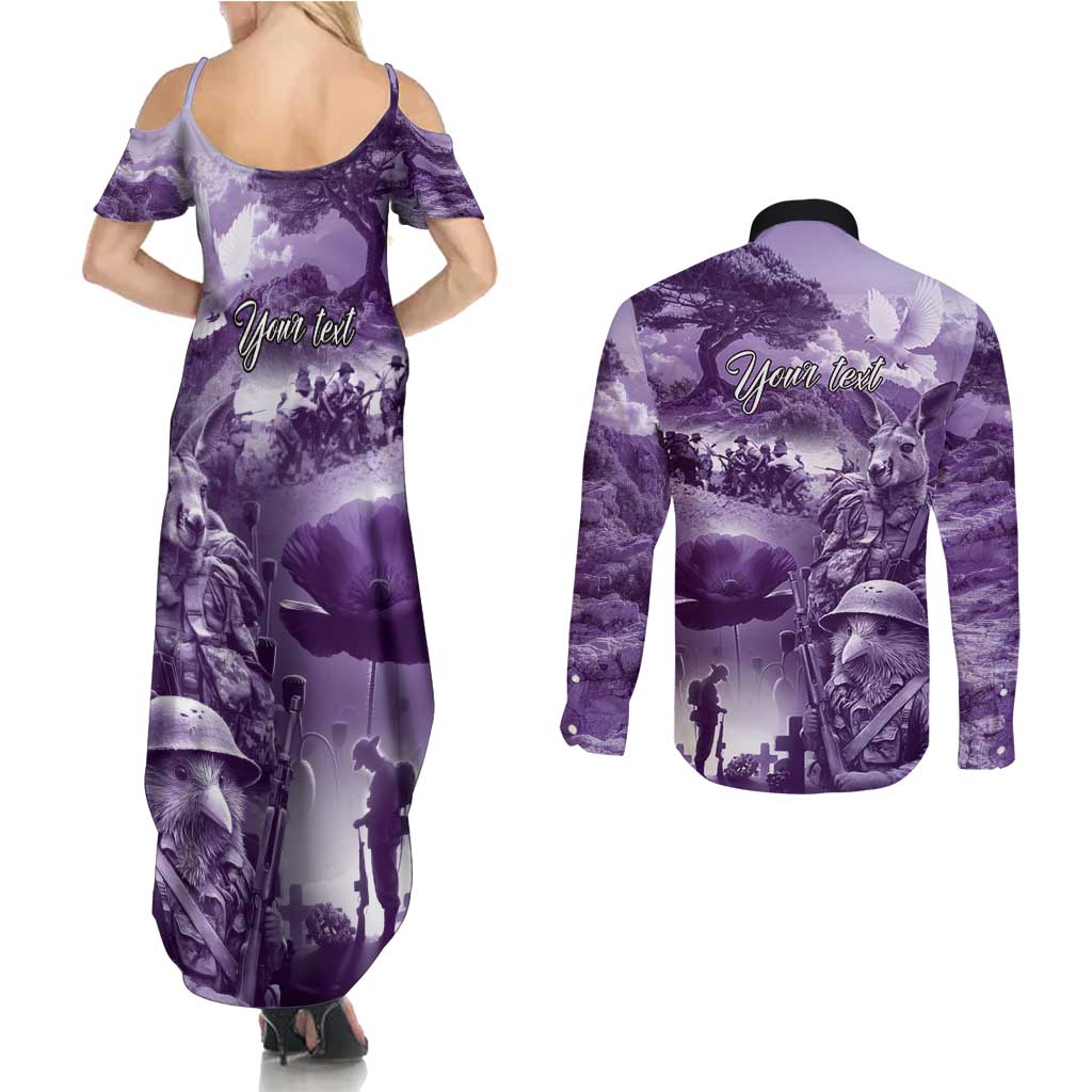 Purple ANZAC Day The Battle of Lone Pine Couples Matching Summer Maxi Dress and Long Sleeve Button Shirt Kiwi-Kangaroo Soldier Lest We Forget