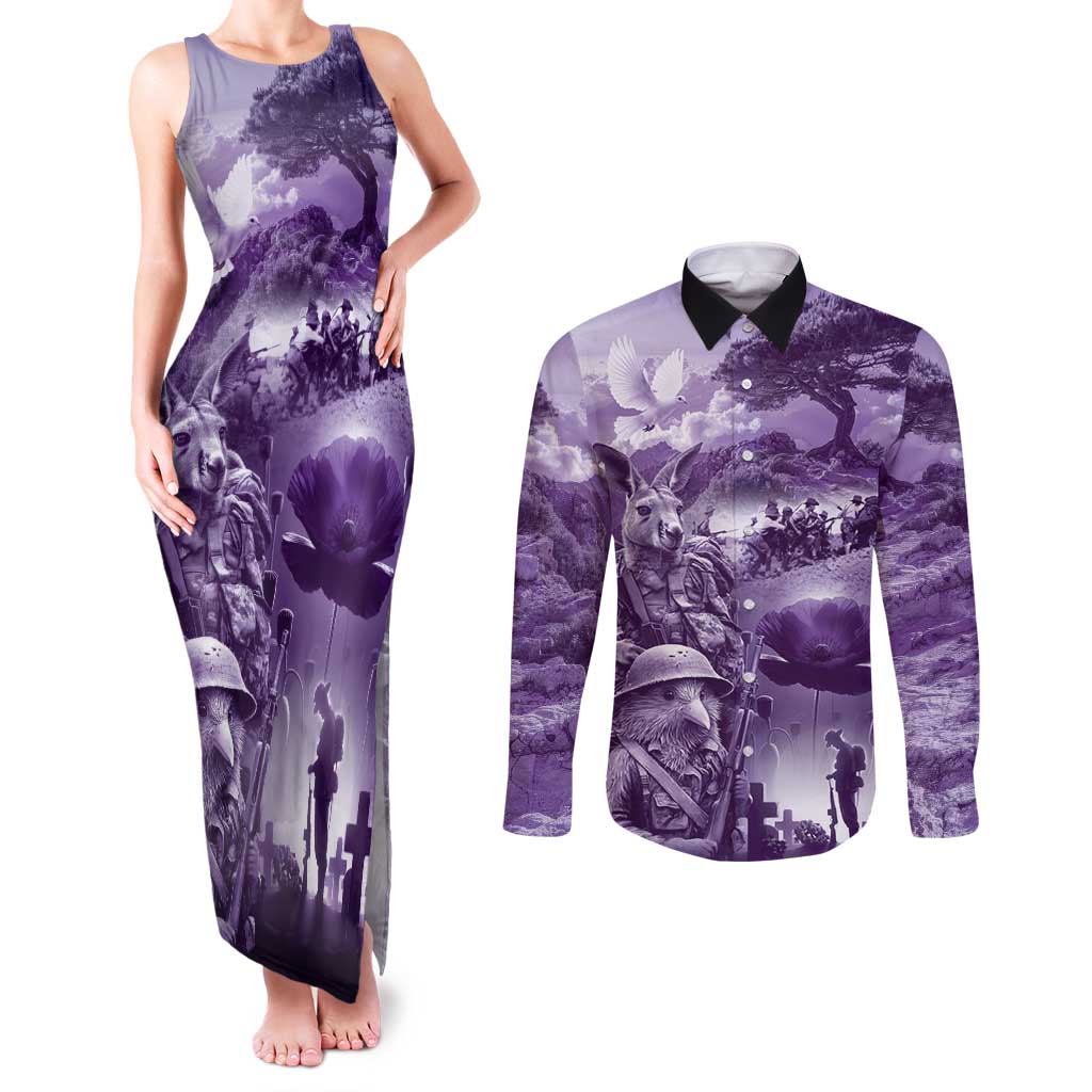 Purple ANZAC Day The Battle of Lone Pine Couples Matching Tank Maxi Dress and Long Sleeve Button Shirt Kiwi-Kangaroo Soldier Lest We Forget