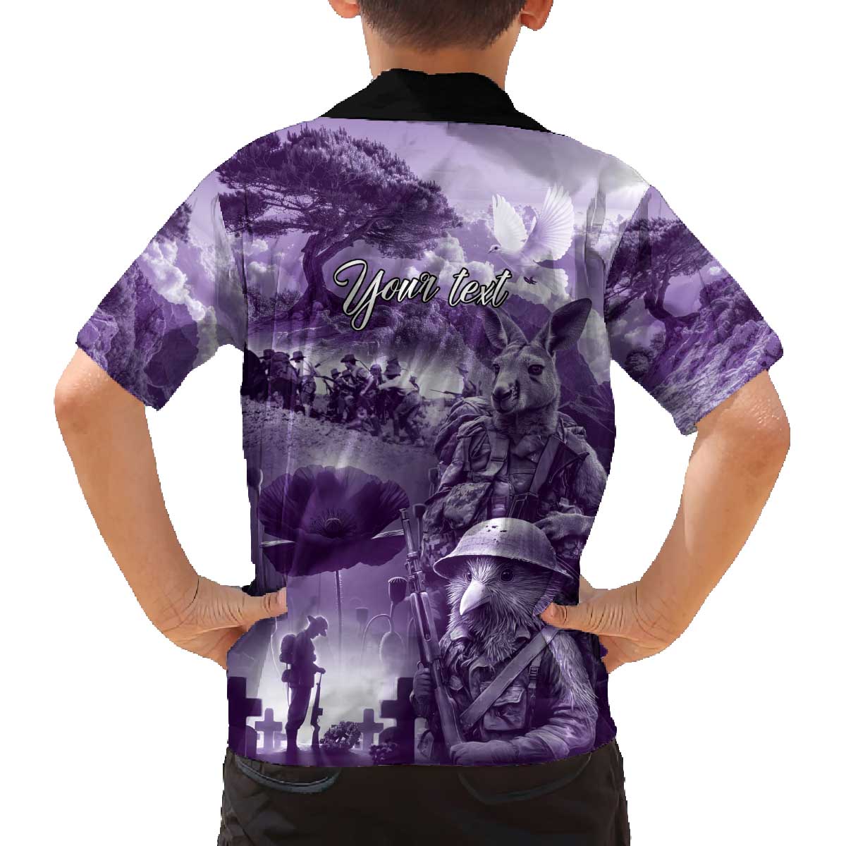 Purple ANZAC Day The Battle of Lone Pine Family Matching Off The Shoulder Long Sleeve Dress and Hawaiian Shirt Kiwi-Kangaroo Soldier Lest We Forget