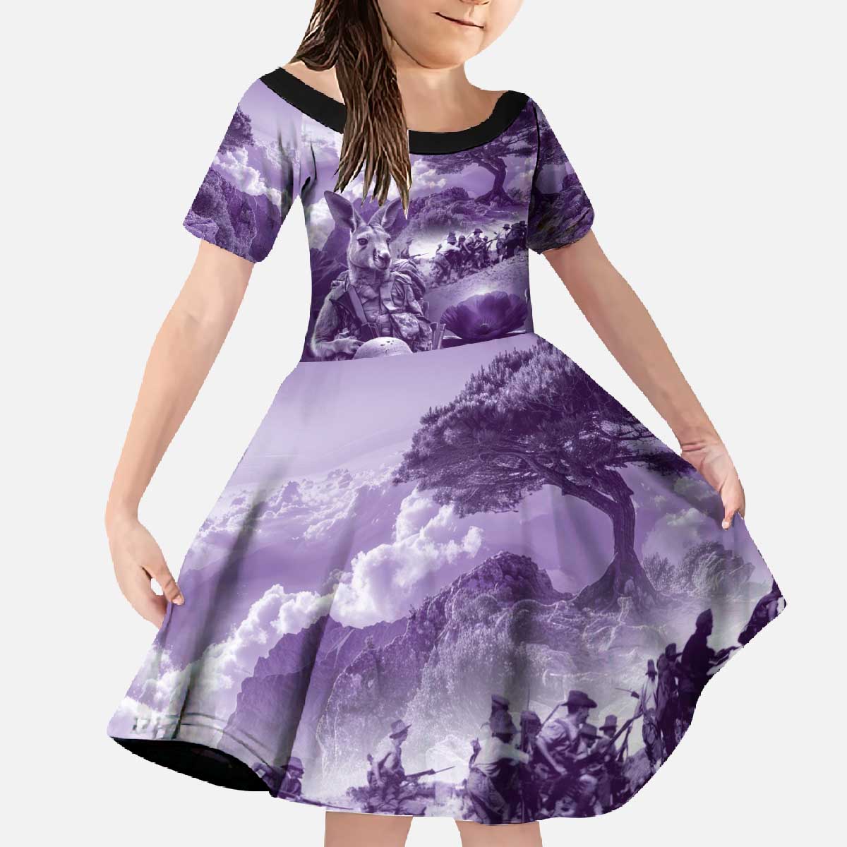 Purple ANZAC Day The Battle of Lone Pine Family Matching Off The Shoulder Long Sleeve Dress and Hawaiian Shirt Kiwi-Kangaroo Soldier Lest We Forget