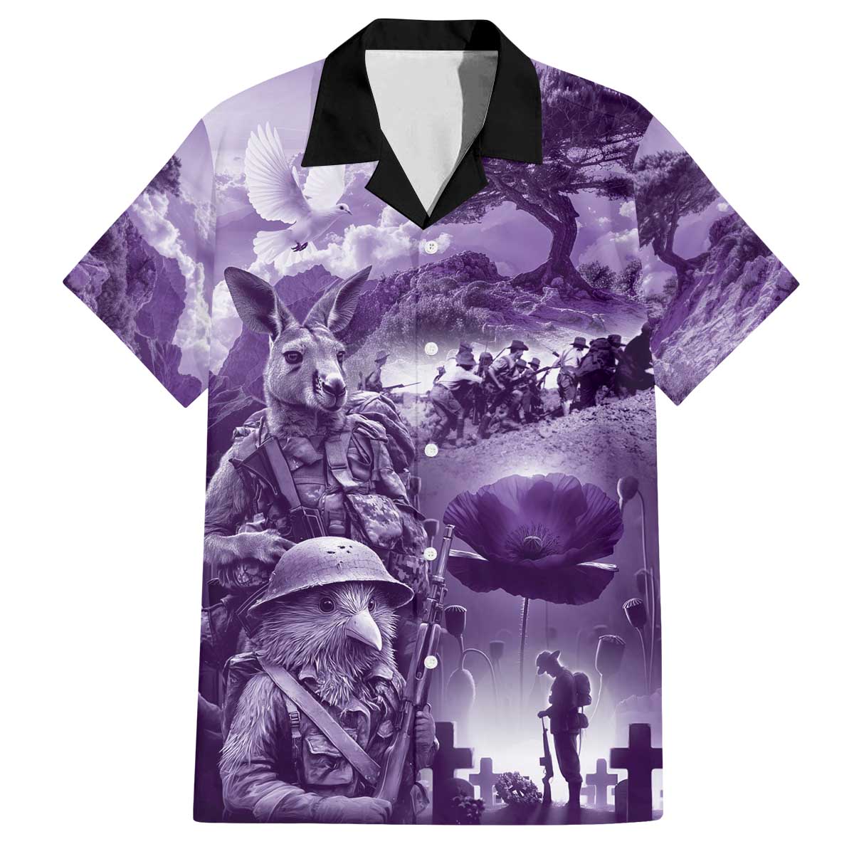 Purple ANZAC Day The Battle of Lone Pine Family Matching Off The Shoulder Long Sleeve Dress and Hawaiian Shirt Kiwi-Kangaroo Soldier Lest We Forget