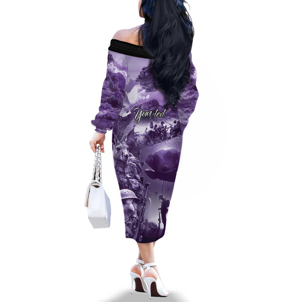 Purple ANZAC Day The Battle of Lone Pine Family Matching Off The Shoulder Long Sleeve Dress and Hawaiian Shirt Kiwi-Kangaroo Soldier Lest We Forget