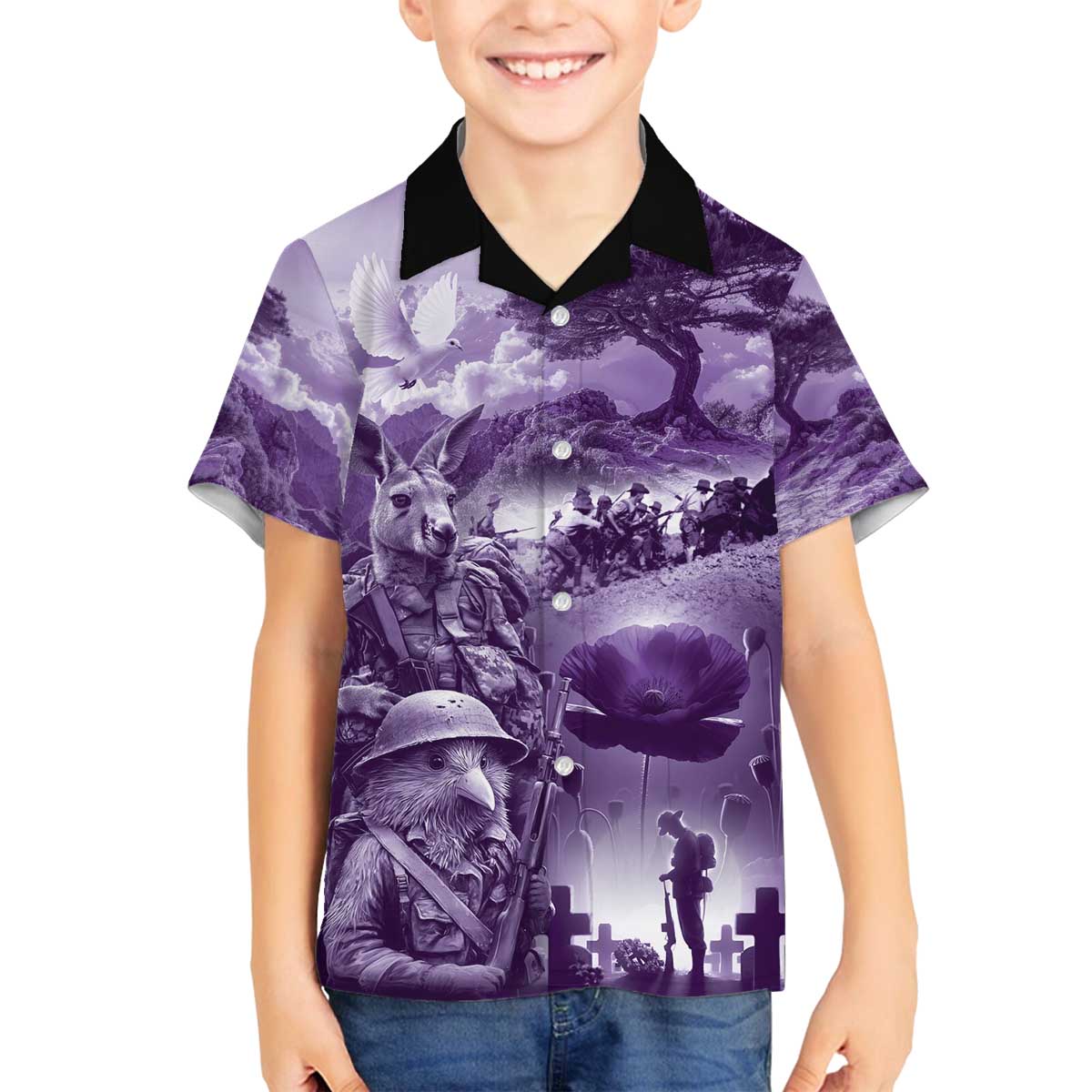 Purple ANZAC Day The Battle of Lone Pine Family Matching Off The Shoulder Long Sleeve Dress and Hawaiian Shirt Kiwi-Kangaroo Soldier Lest We Forget