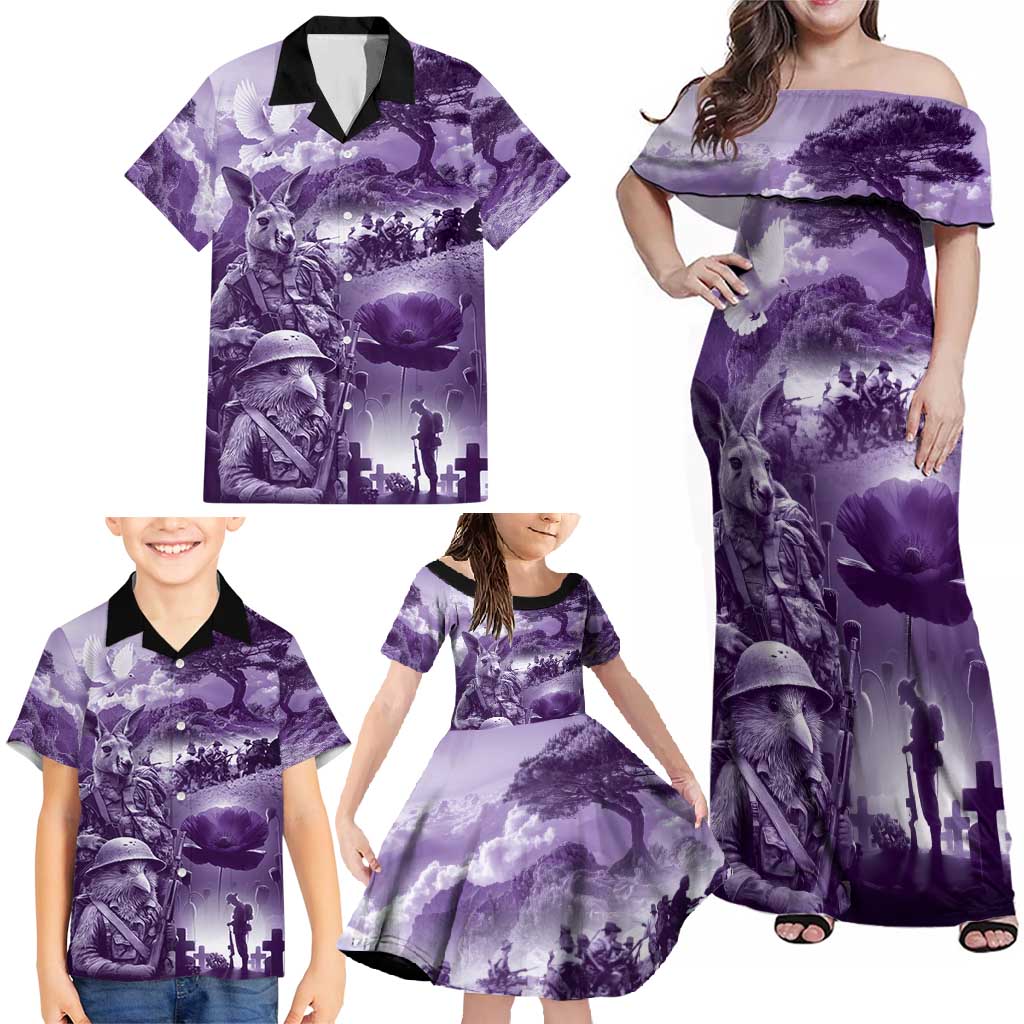 Purple ANZAC Day The Battle of Lone Pine Family Matching Off Shoulder Maxi Dress and Hawaiian Shirt Kiwi-Kangaroo Soldier Lest We Forget