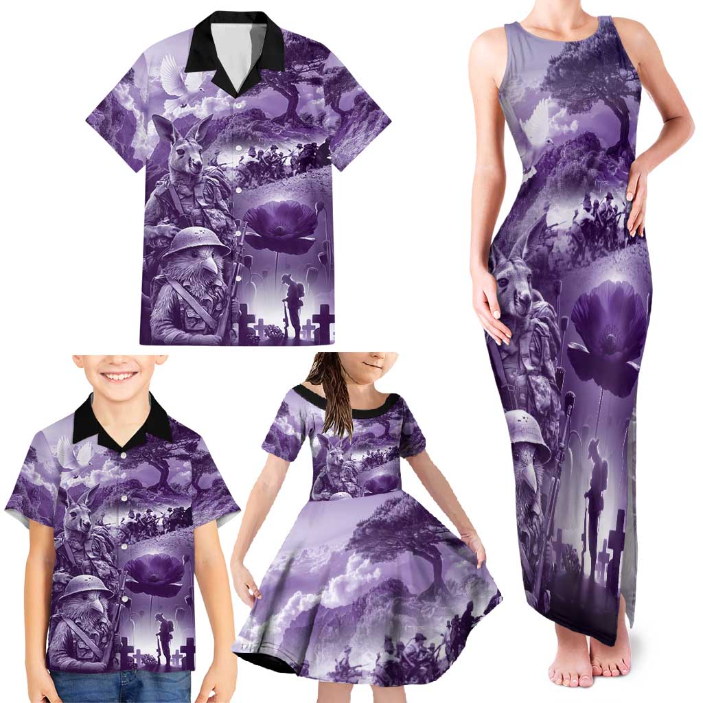 Purple ANZAC Day The Battle of Lone Pine Family Matching Tank Maxi Dress and Hawaiian Shirt Kiwi-Kangaroo Soldier Lest We Forget