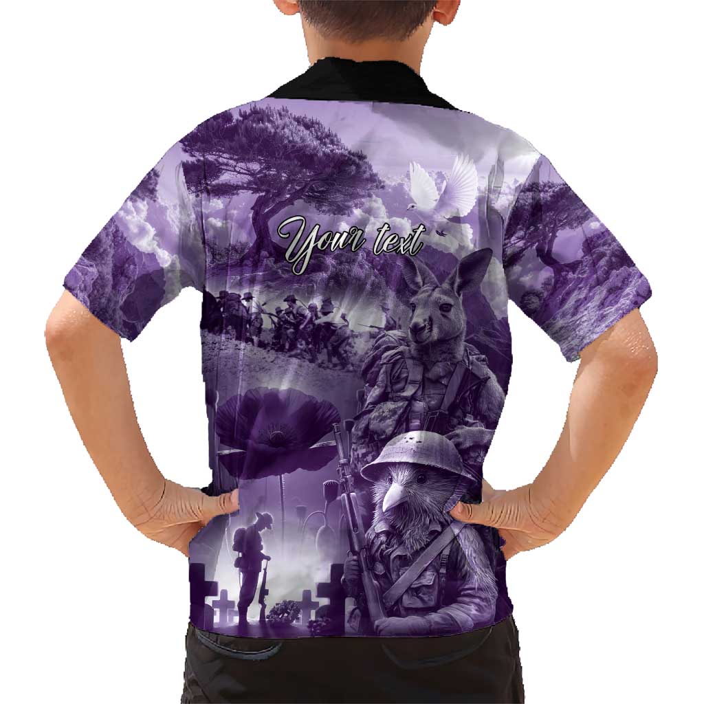 Purple ANZAC Day The Battle of Lone Pine Kid Hawaiian Shirt Kiwi-Kangaroo Soldier Lest We Forget