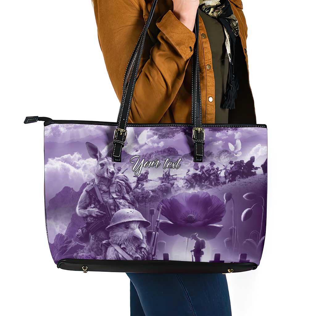 Purple ANZAC Day The Battle of Lone Pine Leather Tote Bag Kiwi-Kangaroo Soldier Lest We Forget