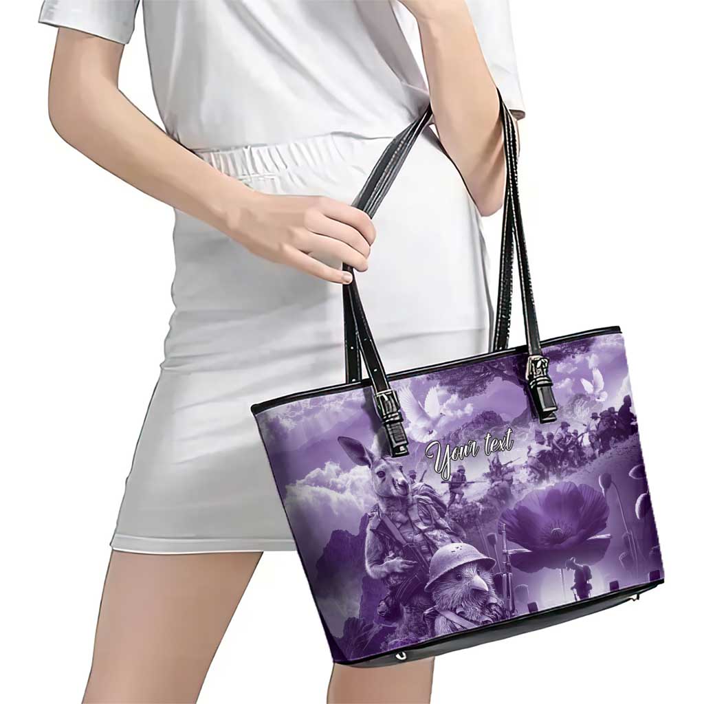 Purple ANZAC Day The Battle of Lone Pine Leather Tote Bag Kiwi-Kangaroo Soldier Lest We Forget