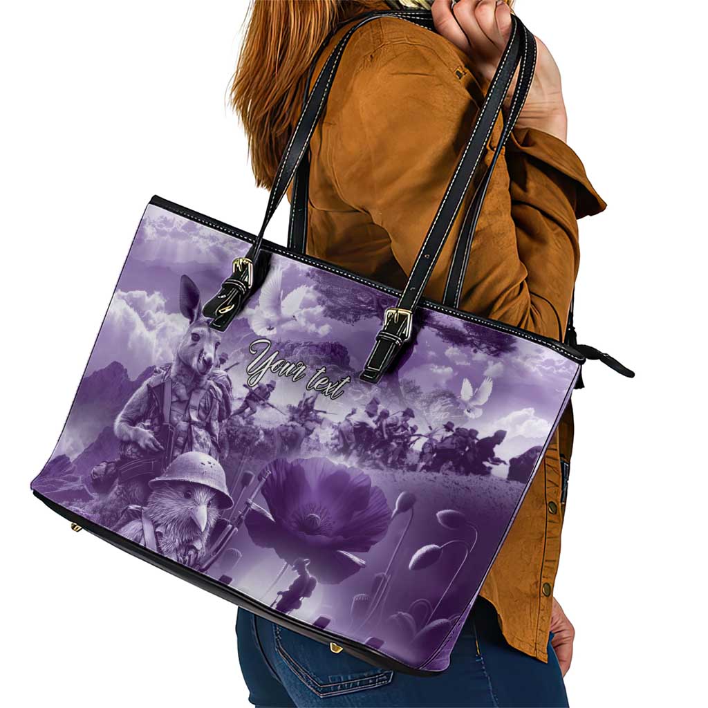 Purple ANZAC Day The Battle of Lone Pine Leather Tote Bag Kiwi-Kangaroo Soldier Lest We Forget