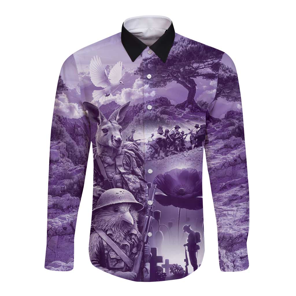 Purple ANZAC Day The Battle of Lone Pine Long Sleeve Button Shirt Kiwi-Kangaroo Soldier Lest We Forget