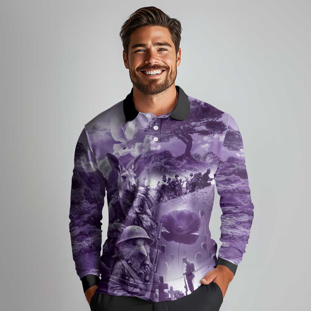 Purple ANZAC Day The Battle of Lone Pine Long Sleeve Polo Shirt Kiwi-Kangaroo Soldier Lest We Forget