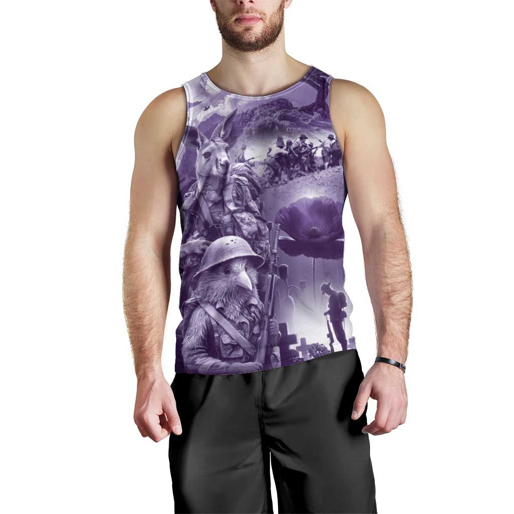 Purple ANZAC Day The Battle of Lone Pine Men Tank Top Kiwi-Kangaroo Soldier Lest We Forget