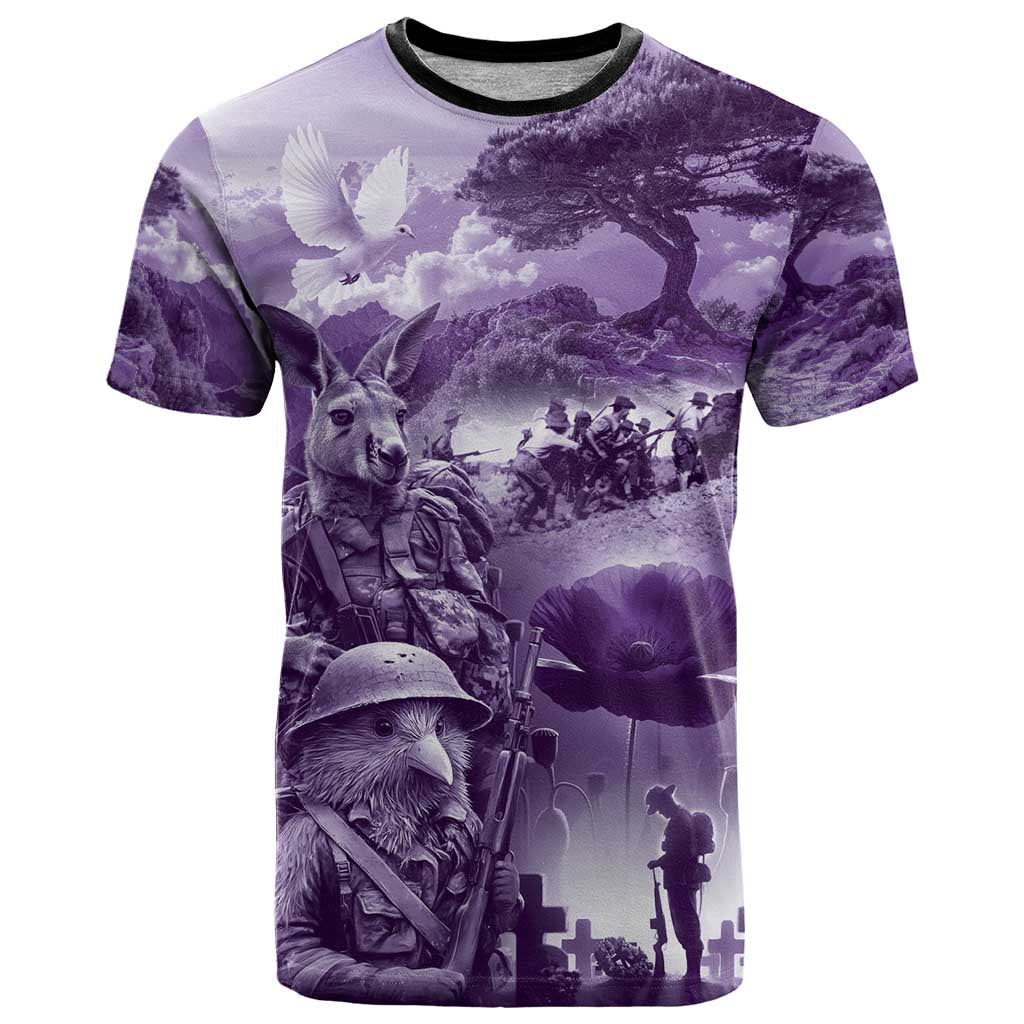 Purple ANZAC Day The Battle of Lone Pine T Shirt Kiwi-Kangaroo Soldier Lest We Forget