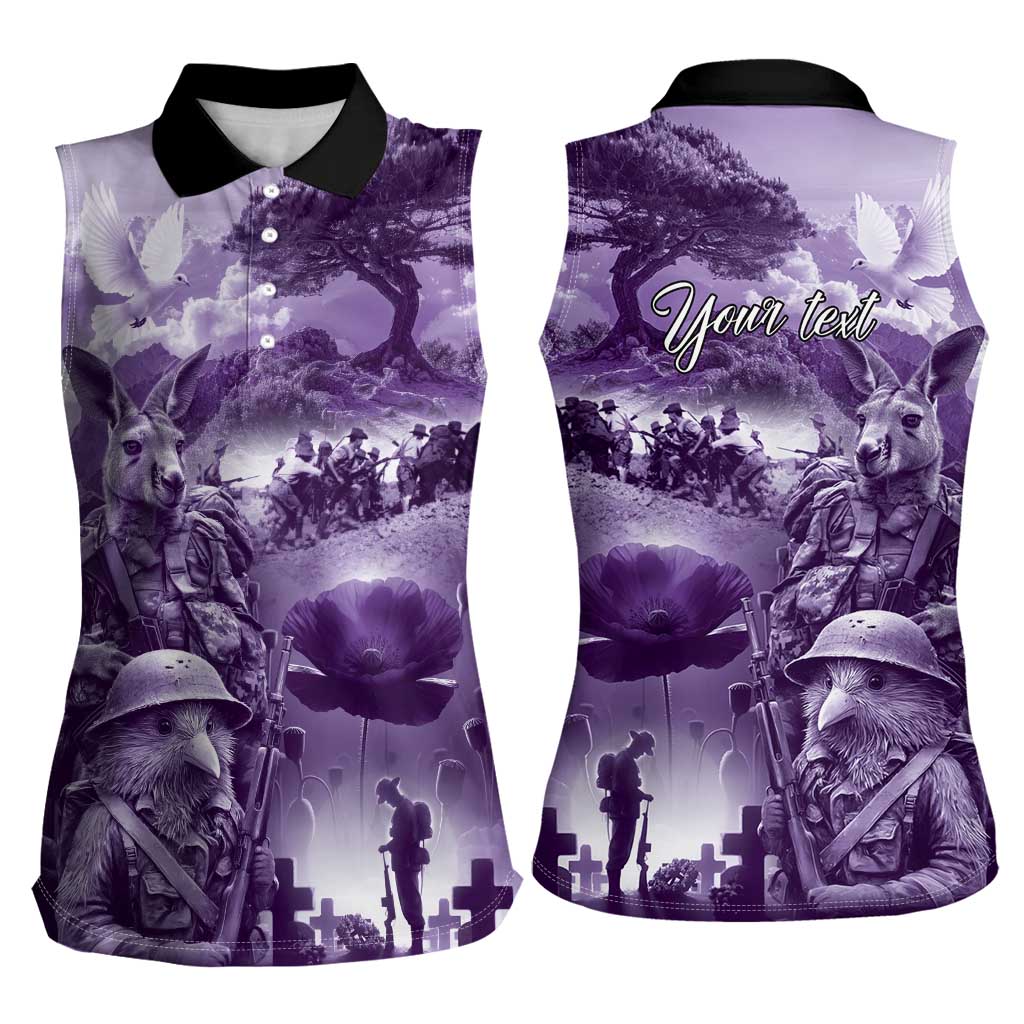 Purple ANZAC Day The Battle of Lone Pine Women Sleeveless Polo Shirt Kiwi-Kangaroo Soldier Lest We Forget