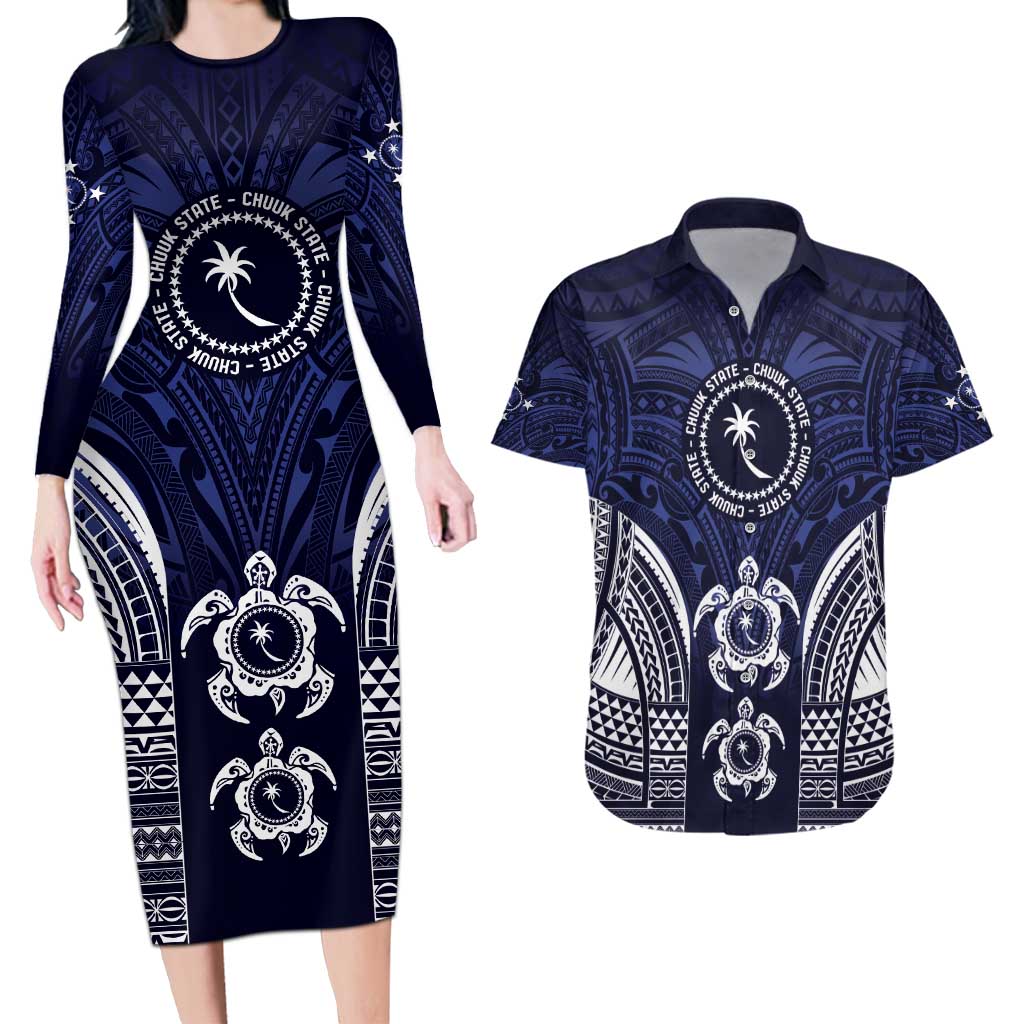 FSM Chuuk States Couples Matching Long Sleeve Bodycon Dress and Hawaiian Shirt Micronesia Six 9 One Polynesian Tribal Pattern