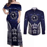 FSM Chuuk States Couples Matching Off Shoulder Maxi Dress and Long Sleeve Button Shirt Micronesia Six 9 One Polynesian Tribal Pattern