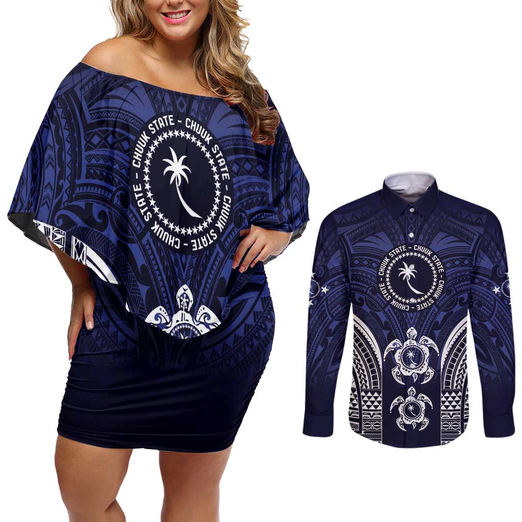 FSM Chuuk States Couples Matching Off Shoulder Short Dress and Long Sleeve Button Shirt Micronesia Six 9 One Polynesian Tribal Pattern