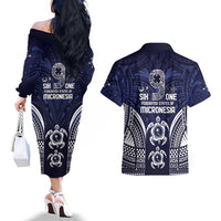 FSM Chuuk States Couples Matching Off The Shoulder Long Sleeve Dress and Hawaiian Shirt Micronesia Six 9 One Polynesian Tribal Pattern