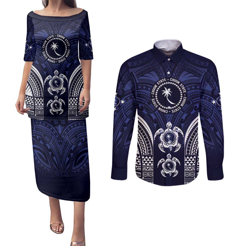 FSM Chuuk States Couples Matching Puletasi and Long Sleeve Button Shirt Micronesia Six 9 One Polynesian Tribal Pattern LT9 Blue - Polynesian Pride