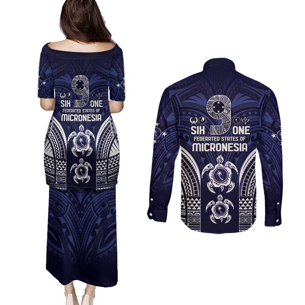 FSM Chuuk States Couples Matching Puletasi and Long Sleeve Button Shirt Micronesia Six 9 One Polynesian Tribal Pattern LT9 - Polynesian Pride