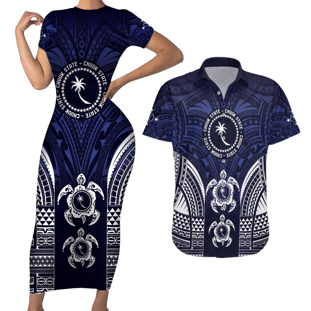 FSM Chuuk States Couples Matching Short Sleeve Bodycon Dress and Hawaiian Shirt Micronesia Six 9 One Polynesian Tribal Pattern
