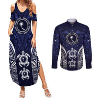 FSM Chuuk States Couples Matching Summer Maxi Dress and Long Sleeve Button Shirt Micronesia Six 9 One Polynesian Tribal Pattern LT9 Blue - Polynesian Pride