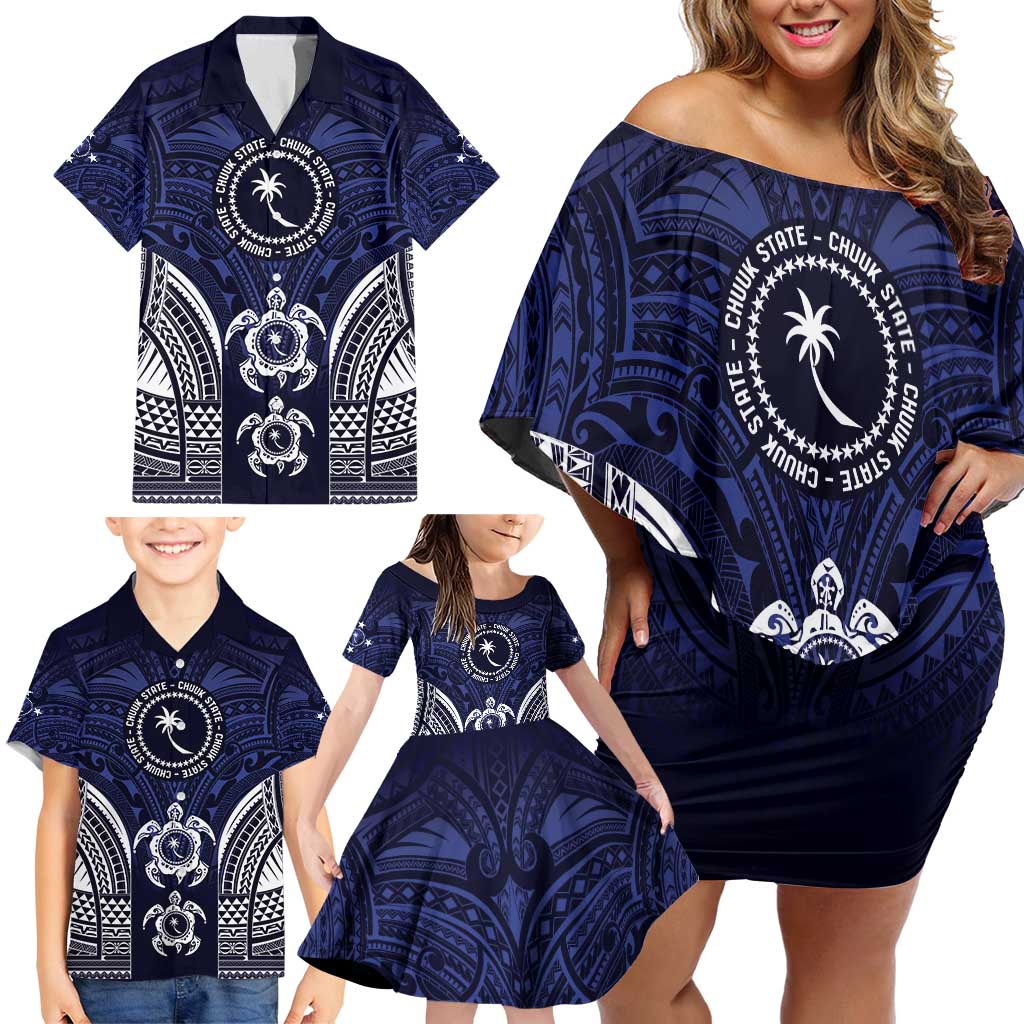 FSM Chuuk States Family Matching Off Shoulder Short Dress and Hawaiian Shirt Micronesia Six 9 One Polynesian Tribal Pattern