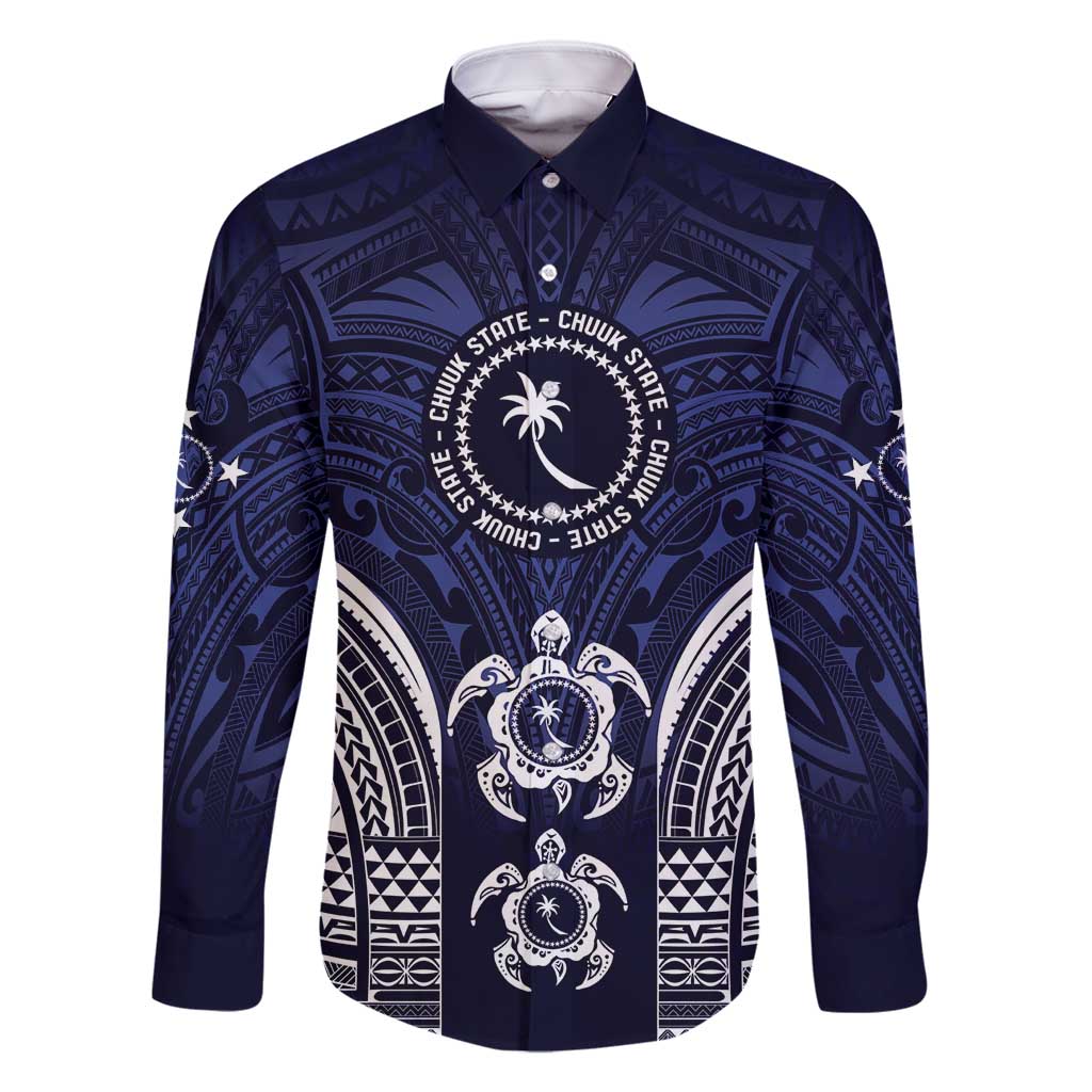 FSM Chuuk States Family Matching Off Shoulder Short Dress and Hawaiian Shirt Micronesia Six 9 One Polynesian Tribal Pattern LT9 Dad's Shirt - Long Sleeve Blue - Polynesian Pride