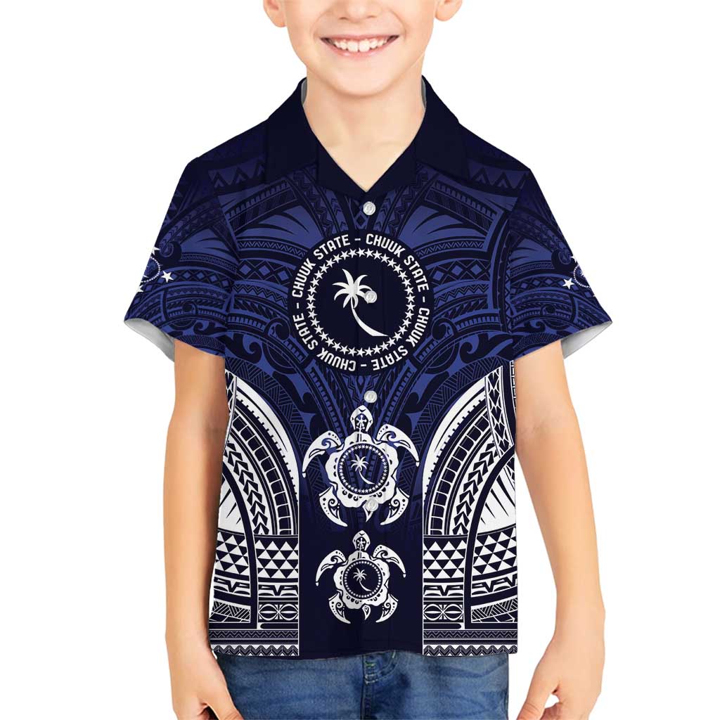 FSM Chuuk States Family Matching Off Shoulder Short Dress and Hawaiian Shirt Micronesia Six 9 One Polynesian Tribal Pattern LT9 Son's Shirt Blue - Polynesian Pride
