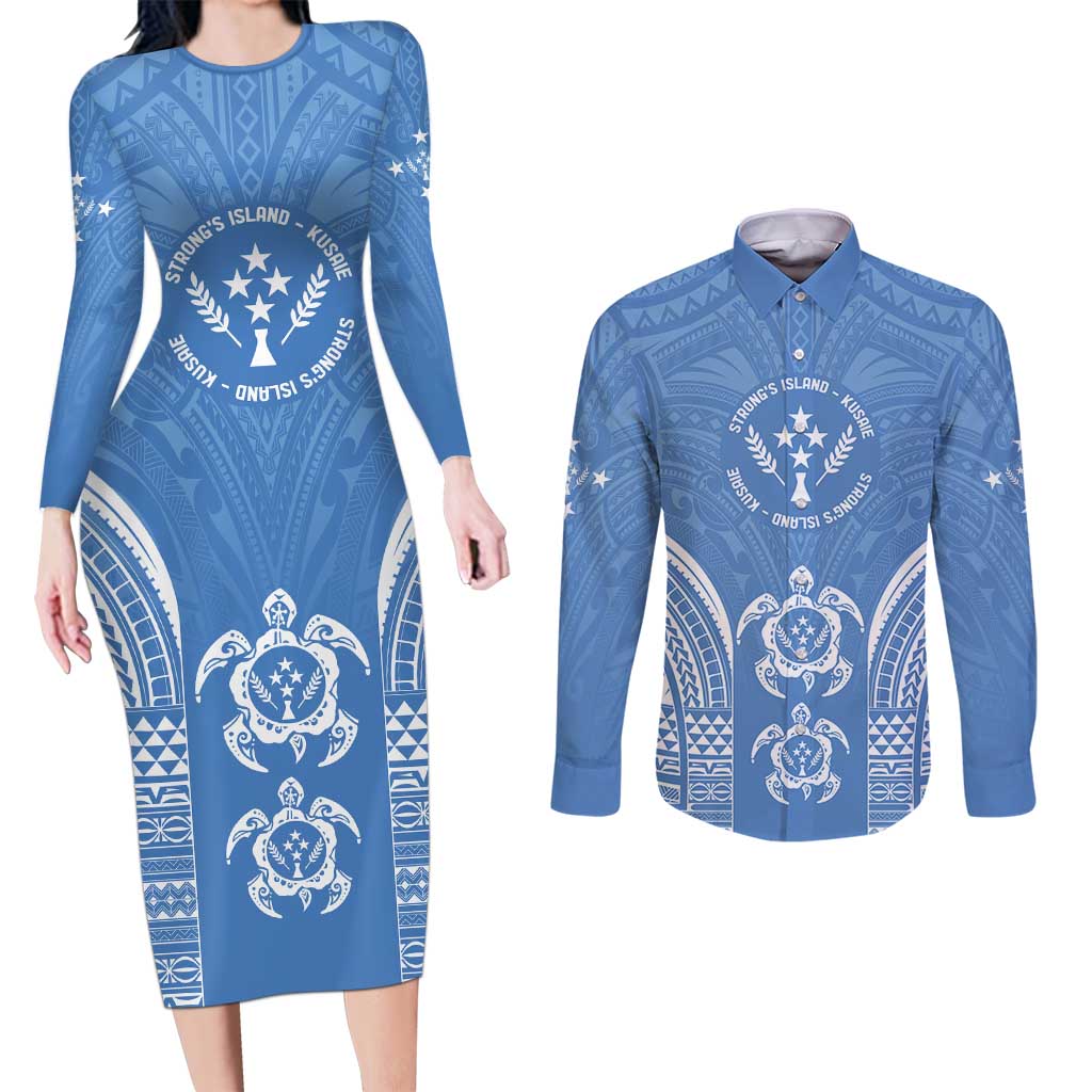 FSM Kosrae States Couples Matching Long Sleeve Bodycon Dress and Long Sleeve Button Shirt Micronesia Six 9 One Polynesian Tribal Pattern LT9 Blue - Polynesian Pride