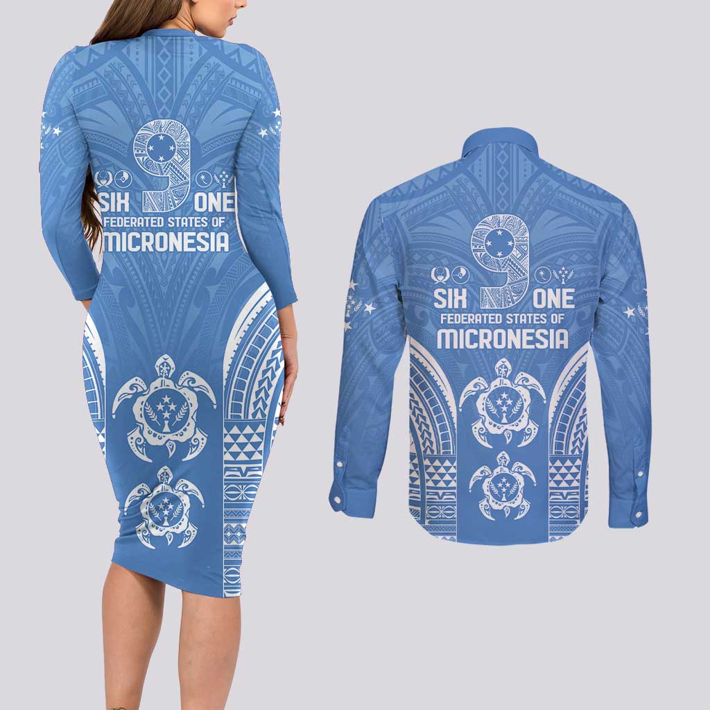 FSM Kosrae States Couples Matching Long Sleeve Bodycon Dress and Long Sleeve Button Shirt Micronesia Six 9 One Polynesian Tribal Pattern