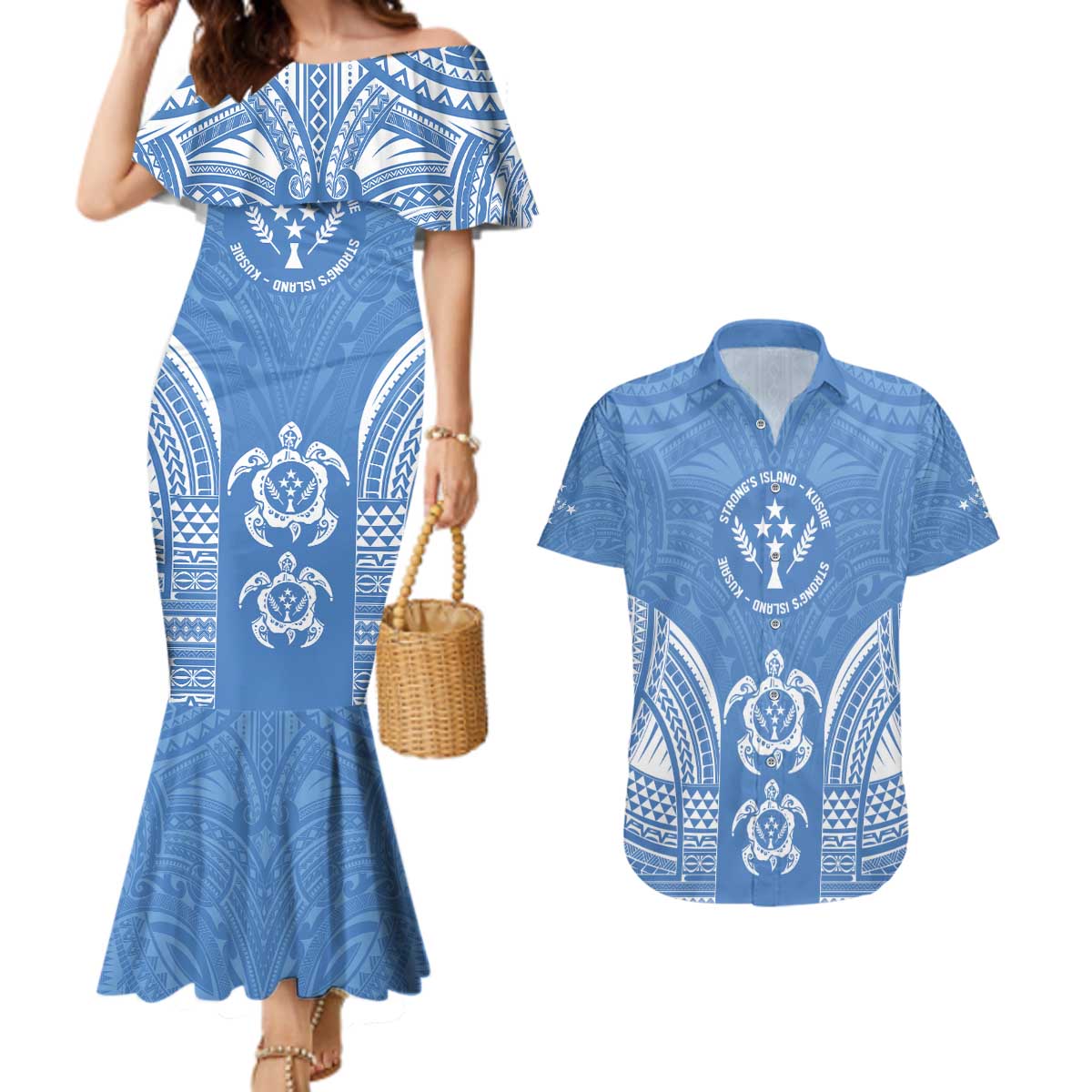FSM Kosrae States Couples Matching Mermaid Dress and Hawaiian Shirt Micronesia Six 9 One Polynesian Tribal Pattern LT9 Blue - Polynesian Pride