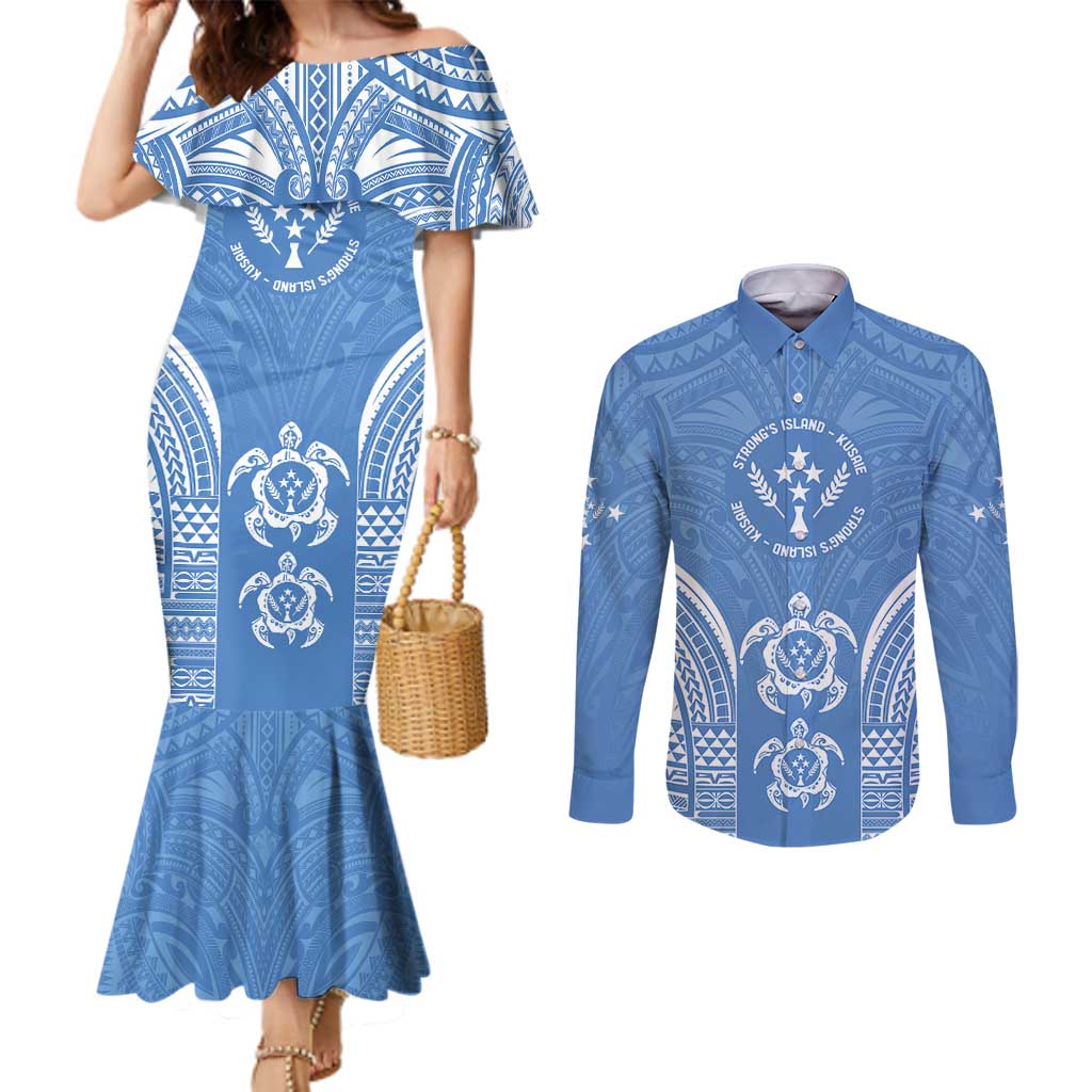 FSM Kosrae States Couples Matching Mermaid Dress and Long Sleeve Button Shirt Micronesia Six 9 One Polynesian Tribal Pattern LT9 Blue - Polynesian Pride