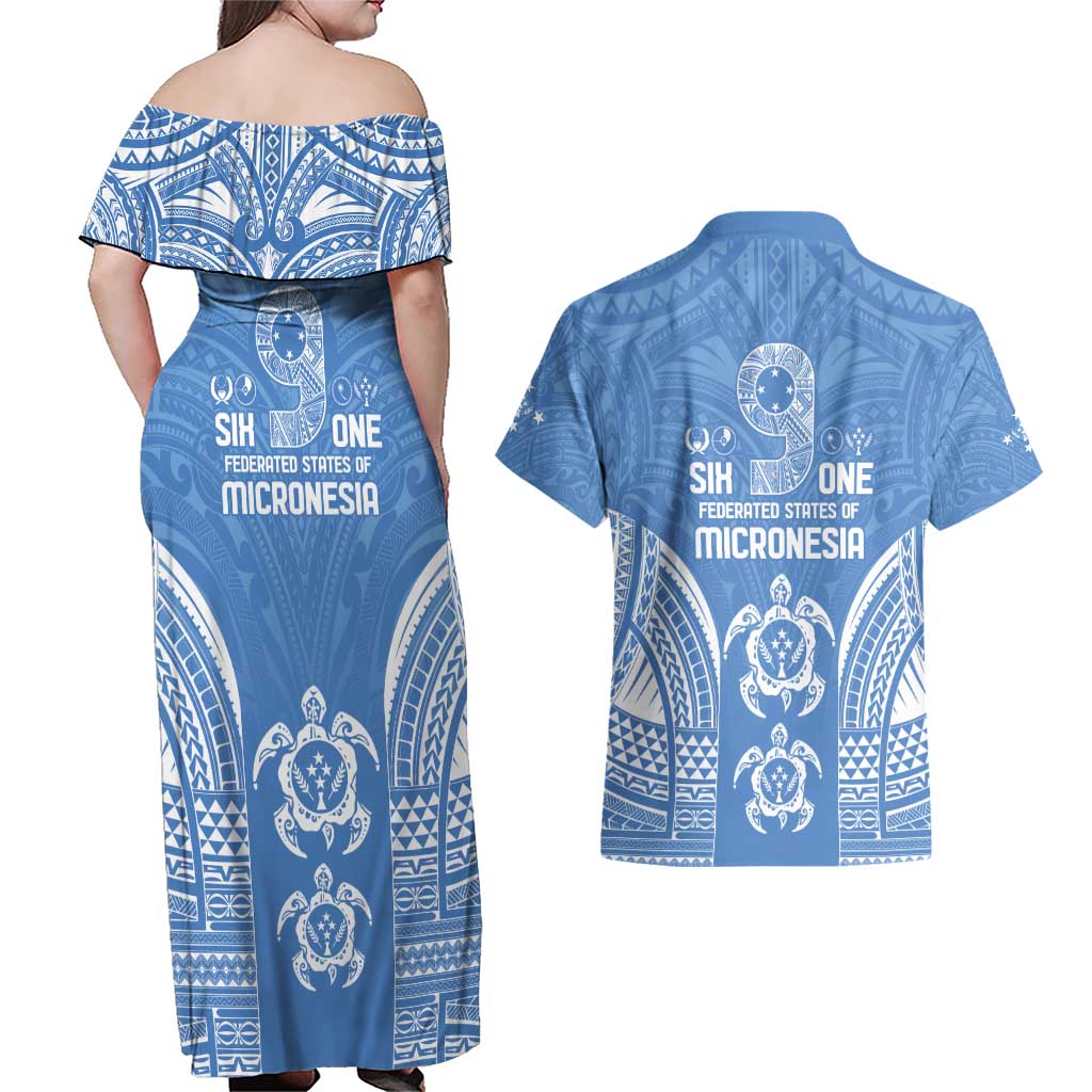 FSM Kosrae States Couples Matching Off Shoulder Maxi Dress and Hawaiian Shirt Micronesia Six 9 One Polynesian Tribal Pattern