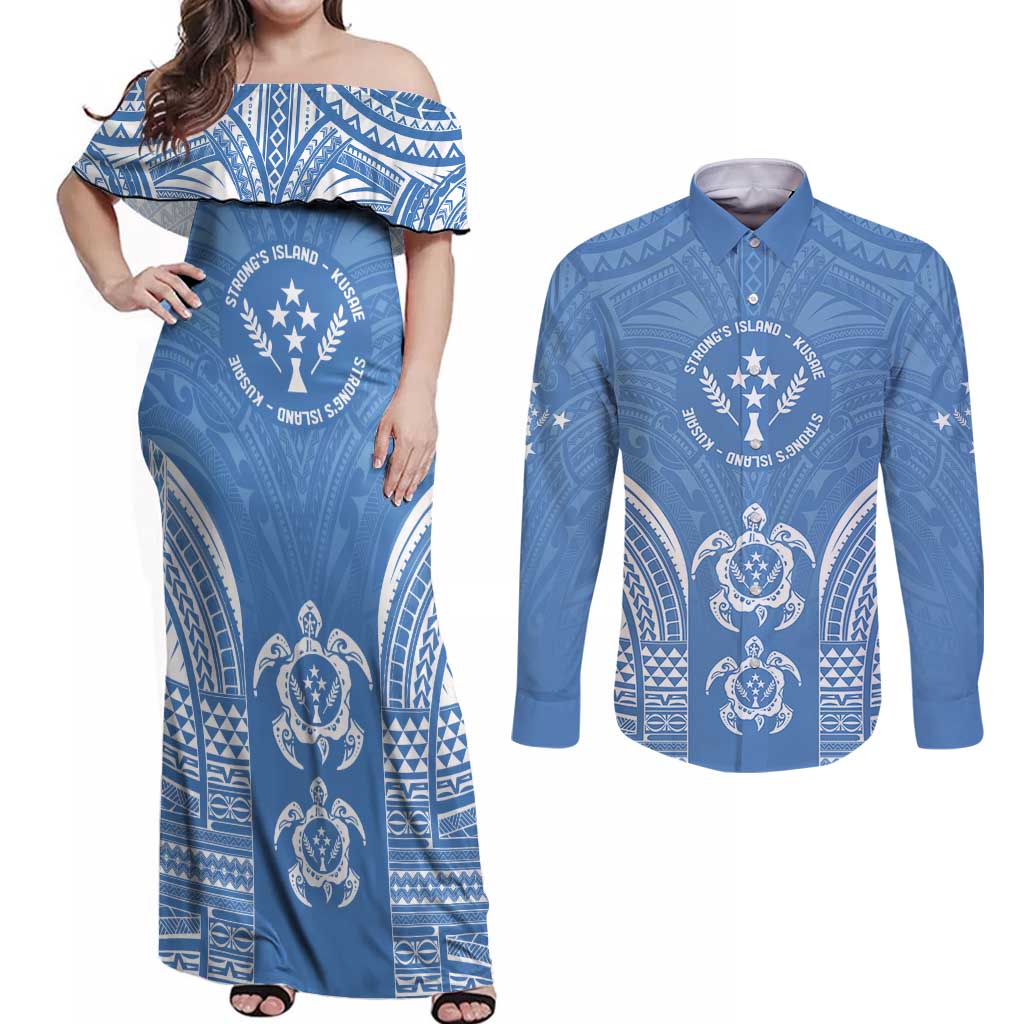 FSM Kosrae States Couples Matching Off Shoulder Maxi Dress and Long Sleeve Button Shirt Micronesia Six 9 One Polynesian Tribal Pattern LT9 Blue - Polynesian Pride