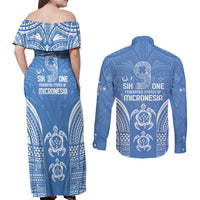FSM Kosrae States Couples Matching Off Shoulder Maxi Dress and Long Sleeve Button Shirt Micronesia Six 9 One Polynesian Tribal Pattern