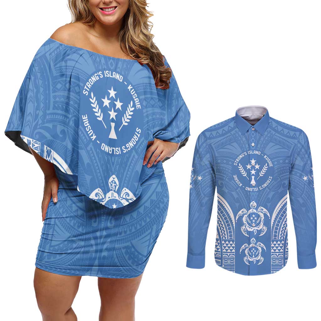 FSM Kosrae States Couples Matching Off Shoulder Short Dress and Long Sleeve Button Shirt Micronesia Six 9 One Polynesian Tribal Pattern LT9 Blue - Polynesian Pride